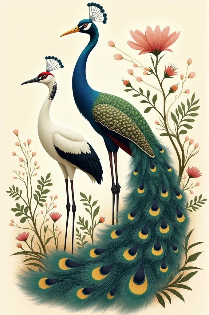 Crane and peacock illustration 
