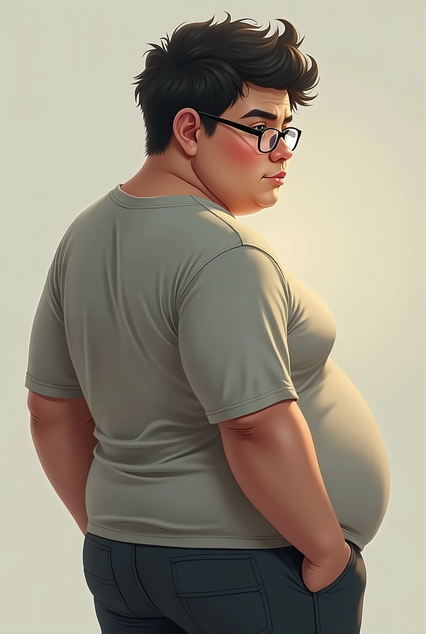 young man with glasses, a little chubby, less plump, not so fat turning his back