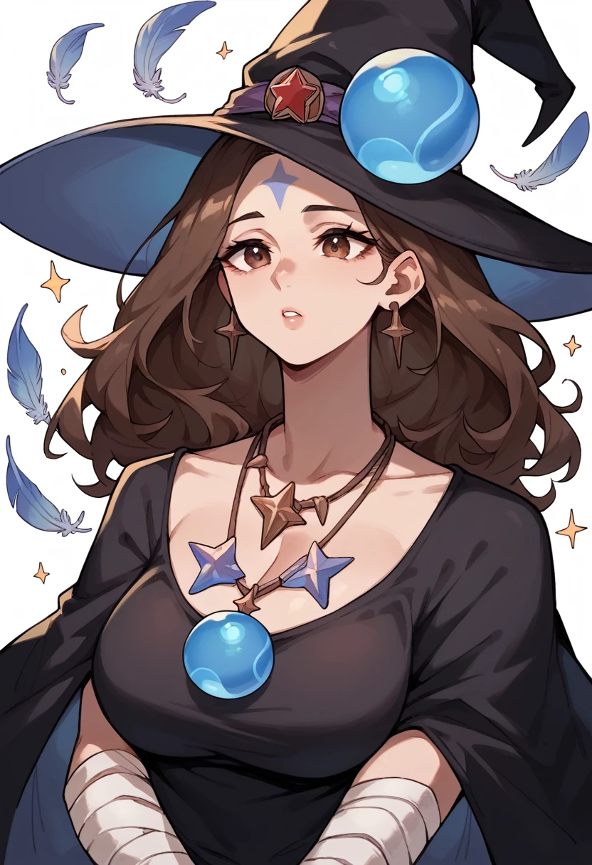 mature woman, brown hair(falling on the face), long witch hat with feathers ,brown eyes, long black dress with blue stripes ,blue star necklace, white stripe on the forehead  ,bandages on the forehead  blue ball earrig,black stripe ,rpg style