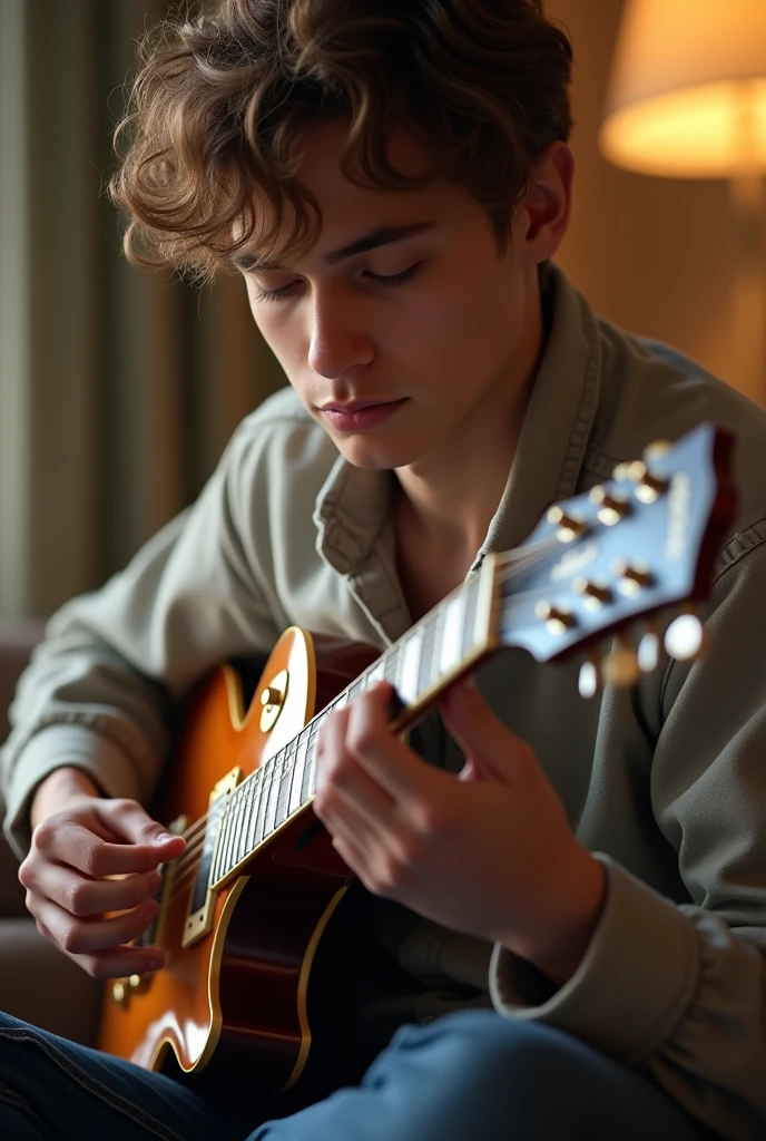 Young man light brown hair brown eyes playing les paul on sofa 8i ultrarealistic 