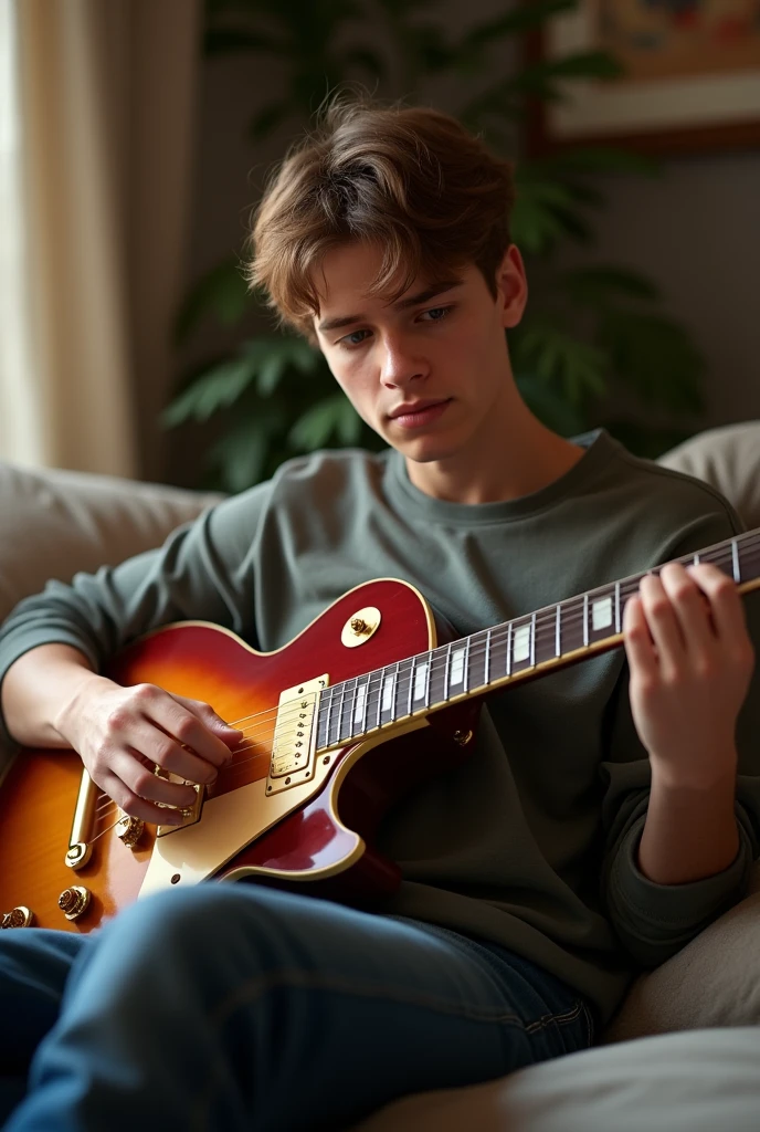 Young man light brown hair brown eyes playing les paul on sofa 8i ultrarealistic