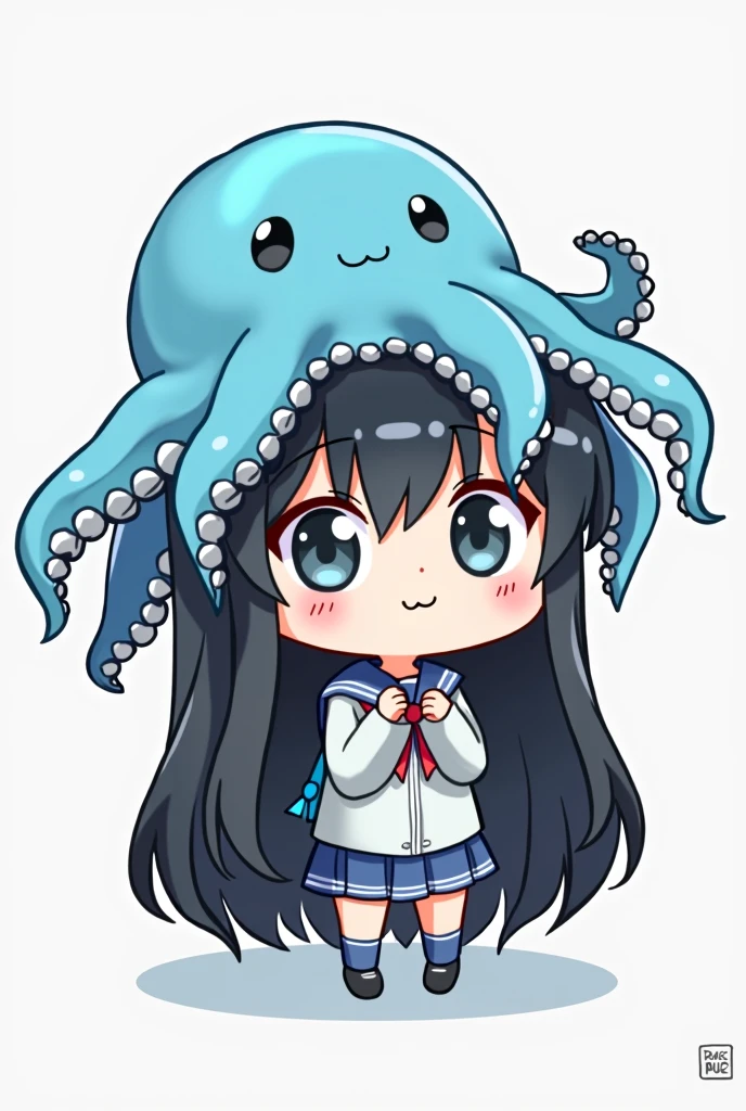 Cute girl, wearing an blue octopus hat, 2d , chibi, long hair, Tentacles hang down, black hair, anime,The octopus's tentacles hang down long,

