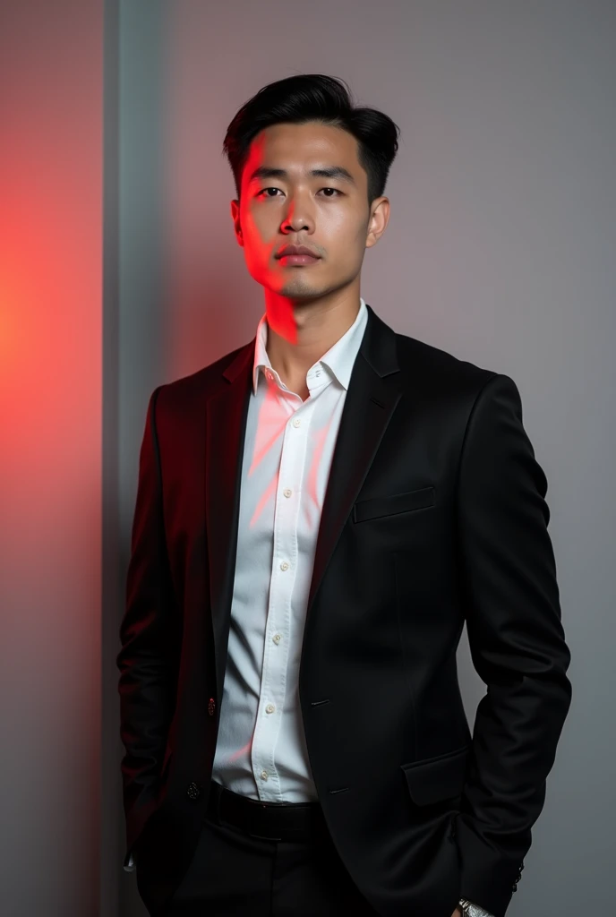 A young man with dark hair . He is dressed in a black blazer ove a whiteshirt.
The man is positioned against a la colour backdrop with a subtle red lighting on the left side. and he posing for Linkedin ofile