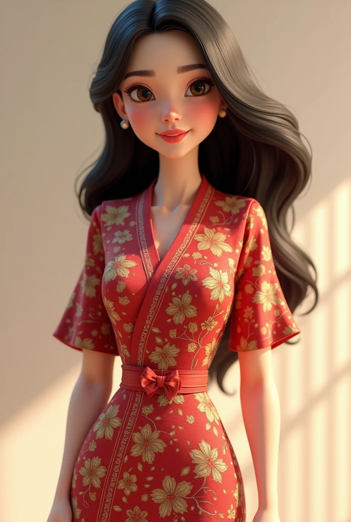 Beautiful woman wearing a typical Indonesian batik kebaya. 3D Pixar Art AI