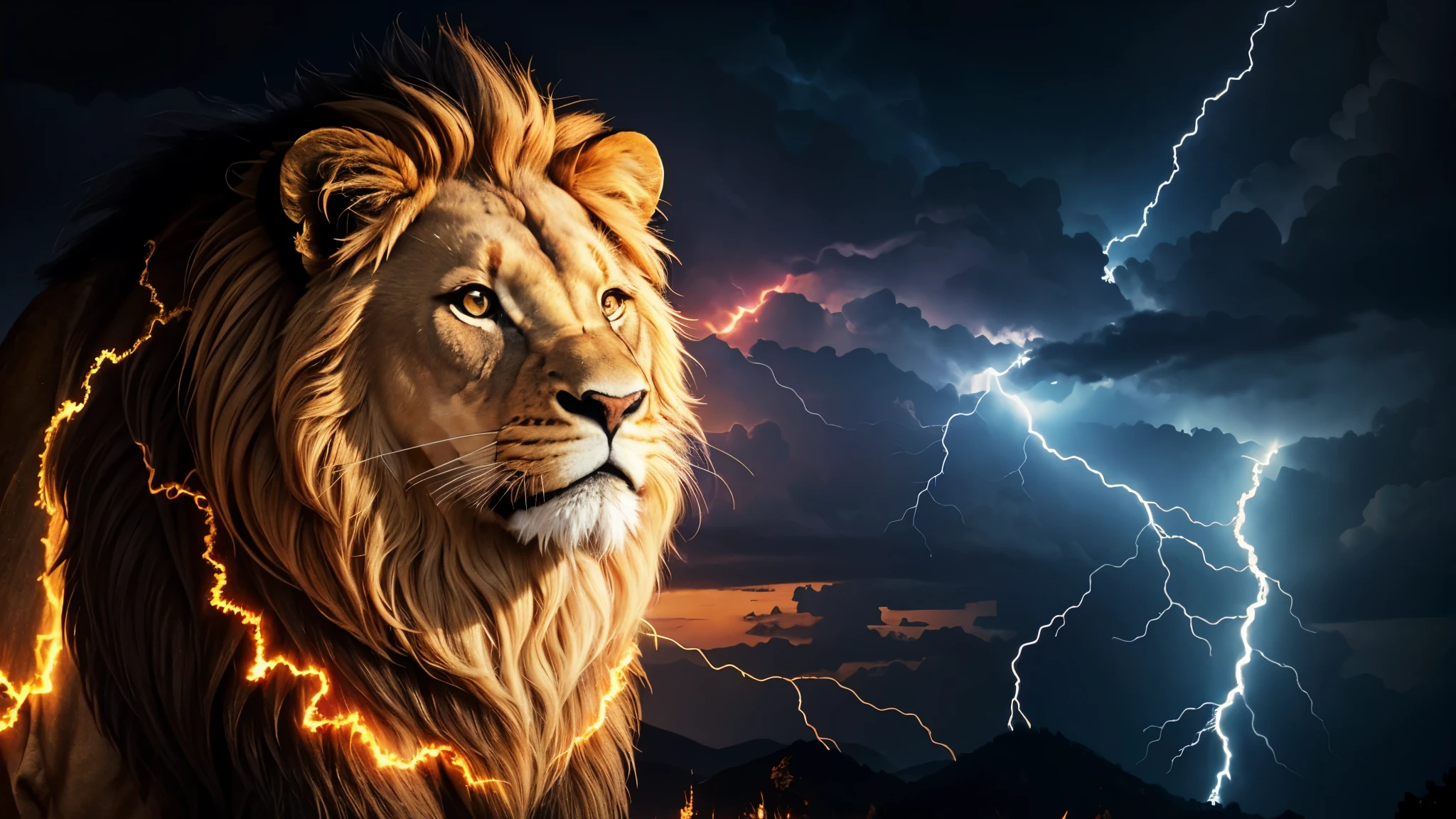Lion, Divine lion, naturals, thunder, Realistic lion, rey, realistic detailed, sunset light, sky, sol da noite, realistic detailed 16K, Eletricidade Detalhada 8k, Texturas realistas de 8k, Cores photorrealistic 8k, fire azul, realistic detailed Fire Bolt, sky Light Detailed, Power of thunder, Divine Realistic, golden crown, golden crown, golden crown, naturey, Linda, Rendering, photorrealistic, UltraHigh definition, 4K, detailed textures, thunder, detailed shadows, detailed colors, neon blue, blue light, lightning strikes, blue power, naturey Linda, Great Divine, peaceful face, naturalss, lightning strike, Electric power screw, detailed contrast, realistic contrast, high resolution, detailed colors, fire, villany, divine creature, 8k FullHD, realistic detailed, 16K, 8k, High definition, detailed contrast, realistic contrast, high resolution, detailed colors, fire, villany, divine creature, 8k Realistic lion Face, Beauty Lion, Beauty Nature, realistic detailed, chic, elegance