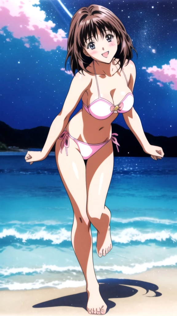 Anime illustration Yoshizuki_Iori, 1 person, Pink bandeau bikini, Big Breasts、 blush, Cute Smile Open your mouth, Are standing, (She walked along the starry beach at night, touched the water with bare feet, and came closest to that smile), barefoot, Two Arms, (cinematic angle:1.1),