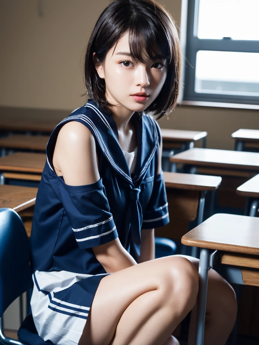 masterpiece:1.2, Very detailed, Ultra-high resolution, Realistic, photo Realistic:1.6,High-resolution RAW color photos, Professional photos, Sharp focus:1.2, Very detailed顔と肌の質感, Very beautiful eyes, Glossのある肌, Glowing Skin, Glowing Skin, Shining Face, Gloss, Oily skin, greasy face, Oily skin, greasy face, real Glossのある肌 texture, Perfect Anatomy, Very detailed背景,(High school classroom at night),1 female,25-year-old woman, Japanese women,short hair, Straight hair, bangs, Brown Hair,((Flat Chest:1.6)),Slender legs, ((A sheer white short-sleeved sailor suit、Navy blue pleated skirt:1.5、Sexy T-panties under skirt)),((Sit at a desk hugging your knees:1.4))、((A sailor uniform with a very transparent bra:1.4)),Invite to sex