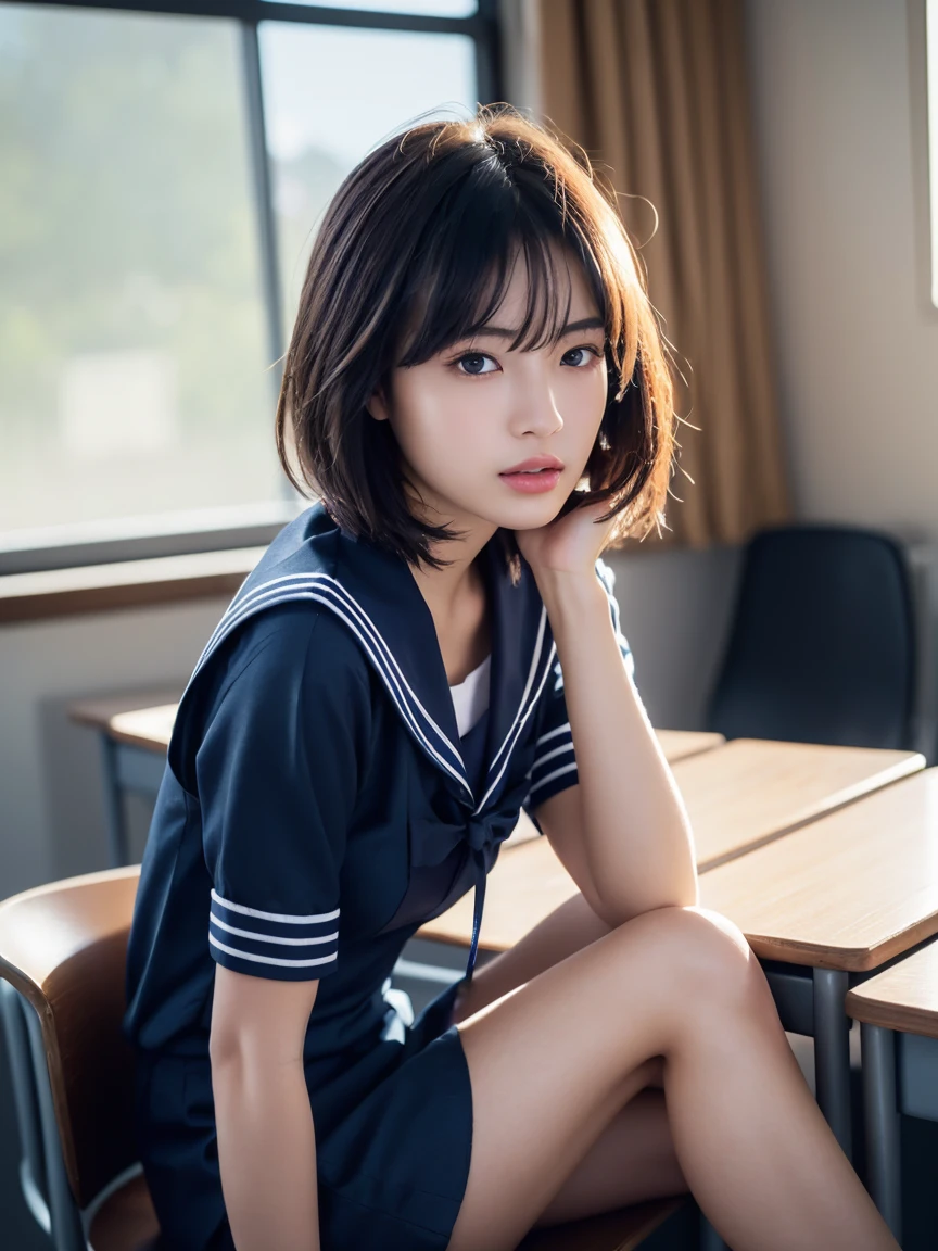 masterpiece:1.2, Very detailed, Ultra-high resolution, Realistic, photo Realistic:1.6,High-resolution RAW color photos, Professional photos, Sharp focus:1.2, Very detailed顔と肌の質感, Very beautiful eyes, Glossのある肌, Glowing Skin, Glowing Skin, Shining Face, Gloss, Oily skin, greasy face, Oily skin, greasy face, real Glossのある肌 texture, Perfect ???????, Very detailed背景,(High school classroom at night),1 female,25-year-old woman, Japanese women,short hair, Straight hair, bangs, Brown Hair,((Flat Chest:1.6)),Slender legs, ((See-through white short-sleeved sailor suit、See-through navy blue pleated mini skirt:1.5、Sexy T-panties under skirt)),((Sit on your desk with your knees upright:1.4))、((A wet and very transparent sailor uniform:1.4))、((A bra under a transparent sailor uniform:1.4))、Side view:1.5