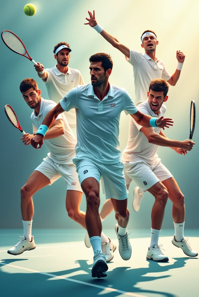 Aesthetic image of Novak Djokovic alongside other prominent male tennis players, how Nadal, Sinner, Alcaraz, Rublev. In the background a tennis court, and soft colors. Let the players come out in full body playing a match. And put the phrase of Novak Djokovic: “The winner is the one who believes in victory more”. Let Novak star in the image.