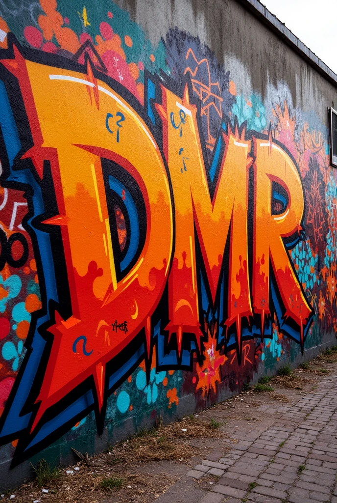 WALL GRAFFITIED WITH THE WORD "DMR" WITH THE COLORS ORANGE AND RED, WARMEST COLORS, BECO, substance, garfite, 8k, GRAFFITIER, inking, SPRAY