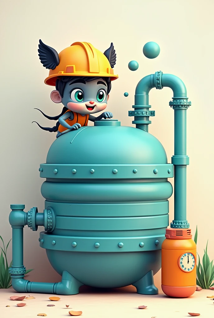 Plastic Water tank pipe with rigged white architect cartoon blue eyed black ear