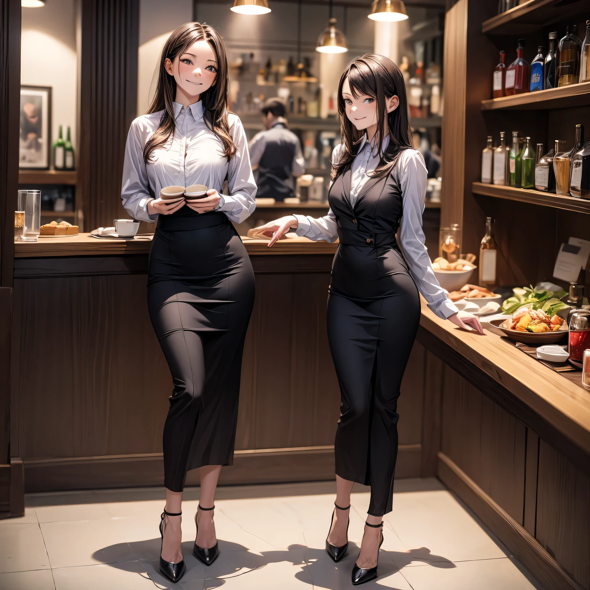 (masterpiece:1.3),(best quality, highest quality),((Full Body Shot,Including face)),girls,4K,masterpiece,((Focus on the face)),((Symmetrical facial features)),Beautiful woman,(Slender),((High heels)),Detailed depiction of the face, Cafe clerk ,In front of the bar counter,profile,Slenderな女性,suit,skirt,Age 25,(smirk),OL,lily