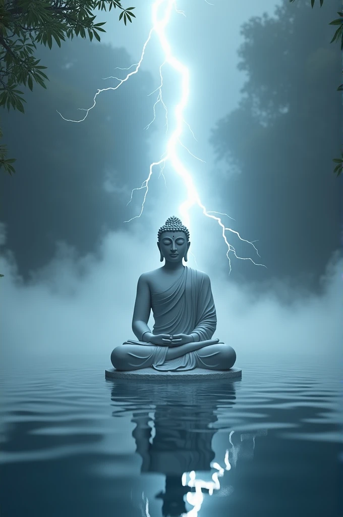 Picture of Lord Buddha with Water Pattern. Mist Floating on the Water. 3D 4K Image Resolution, Realistic and Natural Colors. Lightning Comes Out of the Palm of the Buddha.