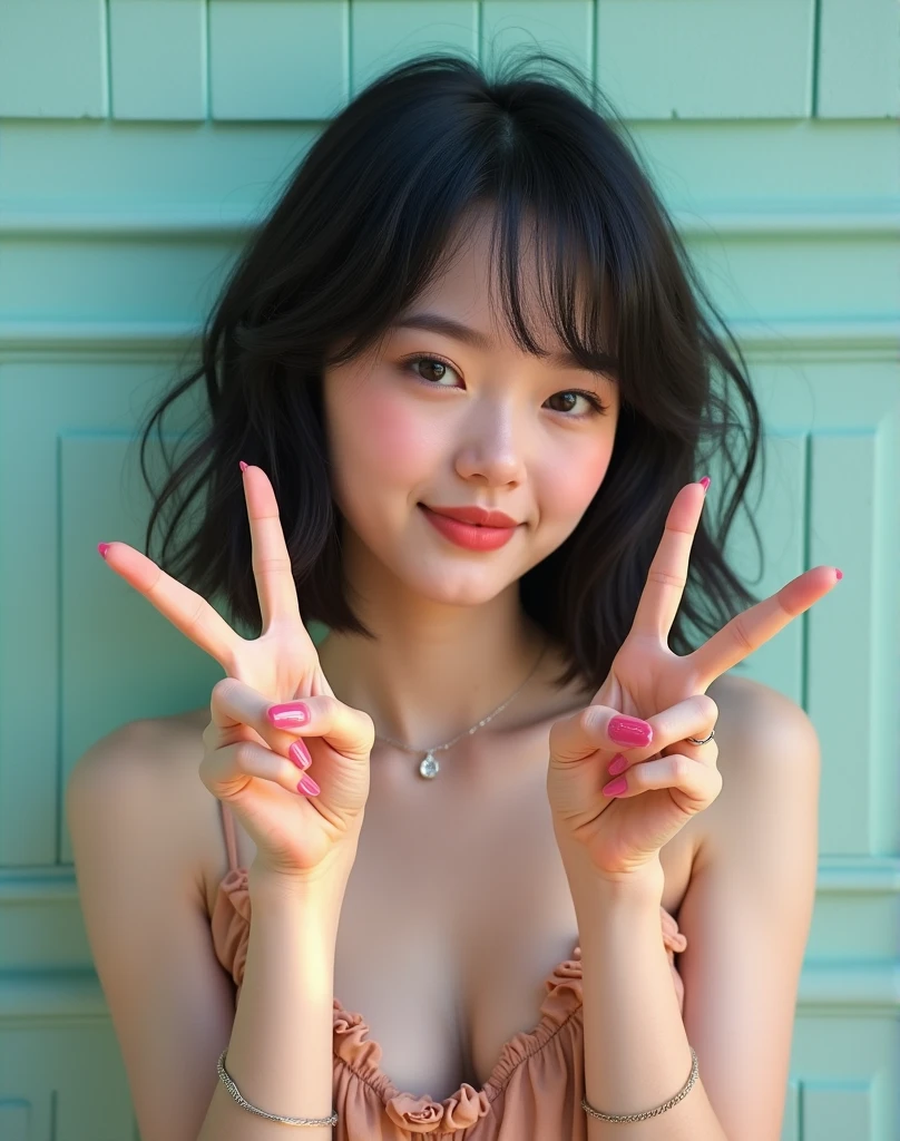 RAW photo, best quality, masterpiece, ((photorealistic)), Polish girl, 20 years old, black hair, Light grey eyes, short bob cut, hair in 7 thirds, hair over one ear, Symmetrical eyes, Detailed Skin, Detailed face, Detailed hands, Big Breasts, rip gloss, Photographed in front of a stylish pastel-colored exterior wall, smiling, eyes closed, peace sign with both hands, upper body, sunny, outdoors, detailed background,