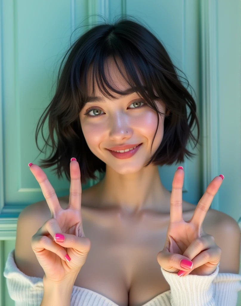 RAW photo, best quality, masterpiece, ((photorealistic)), Polish girl, 20 years old, black hair, Light grey eyes, short bob cut, hair in 7 thirds, hair over one ear, Symmetrical eyes, Detailed Skin, Detailed face, Detailed hands, Big Breasts, rip gloss, Photographed in front of a stylish pastel-colored exterior wall, smiling, eyes closed, peace sign with both hands, upper body, sunny, outdoors, detailed background,