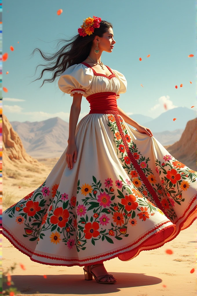 Woman in full dress for the Huaylas dance, which is a country equestrian dance, but with a background of flowers embroidered on her skirts