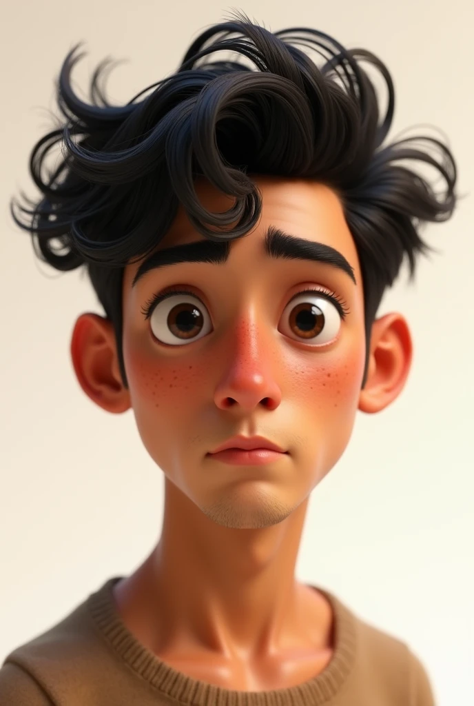 Create an Ultra realistic and ultra detailed Pixar style avatar in 4k from the following description

### Overview The image features a young man with a serious facial expression, Captured in a frontal close-up. The environment is simple, with a light colored background, probably white or pale beige, which makes the young man&#39;s face the central focus of the image. La iluminación es uniform and smooth, allowing you to clearly see facial details and hair.

### Specific Details

#### **hair**:
- **Color**: dark, possibly black or very dark brown.
- **texture**: The hair is curly and somewhat disheveled., suggesting a natural texture with messy curls or coils that expand in different directions.
- **form**: The hair is voluminous and extends in several directions., especially on the top and sides. The curls on top are more pronounced and some strands are slightly raised., creating a natural messy look.
- **proportions**: The hair covers the entire top of the head and the sides., but it does not go down too far on the forehead or the nape of the neck. Eyebrows are visible and not covered by hair.

#### **face**:
- **fur**: The skin has a warm, tanned tone., uniform and smooth, with a slightly matte texture. There are visible freckles on the cheeks, the nose and forehead, that add a distinctive detail to the face.
- **form**: The face has an oval shape with soft, youthful features.. The cheekbones are not prominent, and the jaw lines are subtle.
- **Expression**: The facial expression is serious and focused., with lips closed and slightly down, suggesting a neutral or thoughtful state.
- **eyes**: The eyes are large and round, with a dark color that stands out due to the lighting. The gaze is directed directly towards the camera, which creates a direct connection with the observer.
  - **Shadows and Details**: There are shadows