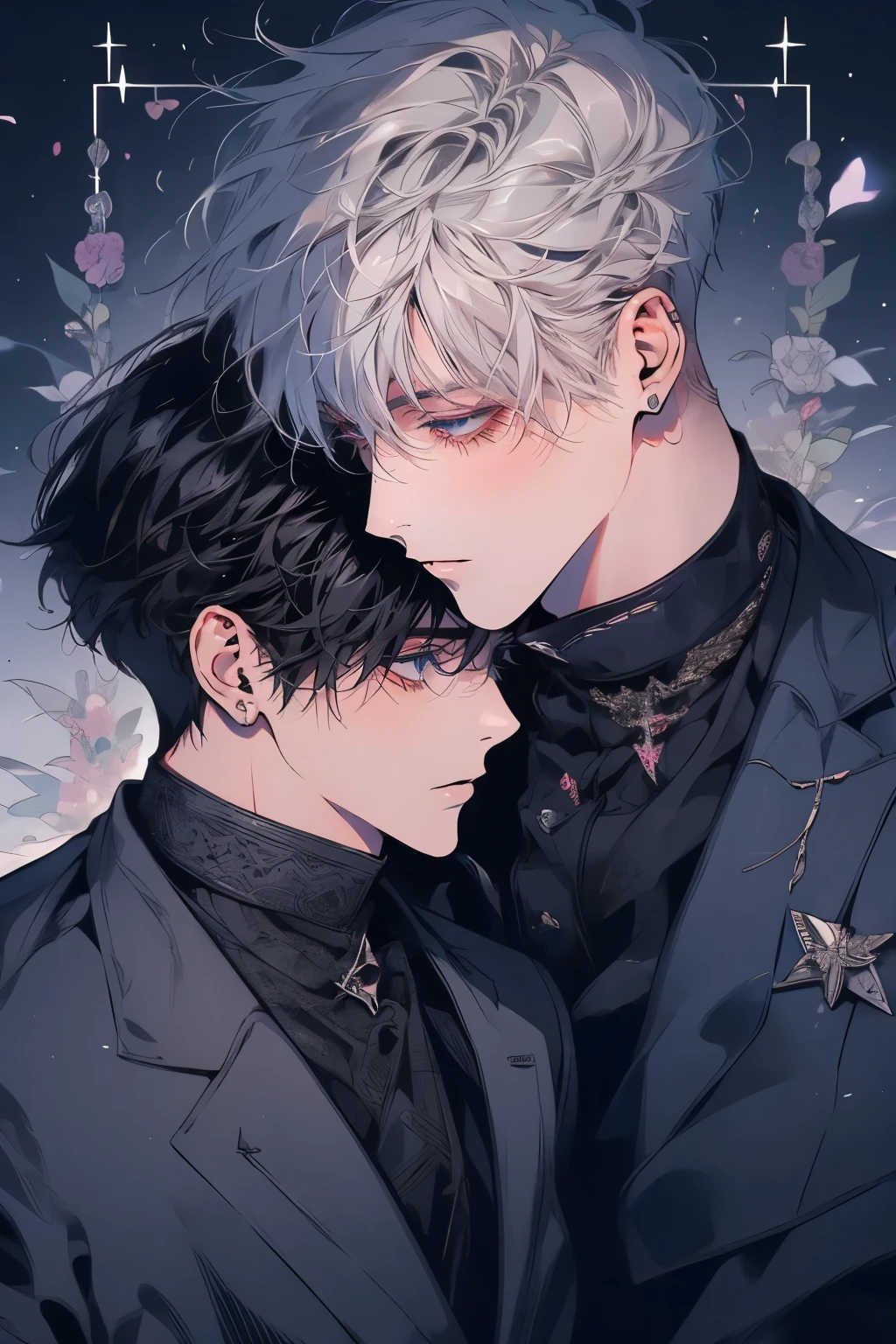 (Mastepiece)、(Best Quality)、Very detailed、((Two friendly men:1.4))、Perfect Face、Beautiful Face、Very detailed顔、(Black-haired man:1.3)、(Grey-haired man:1.3)、shirt、suit