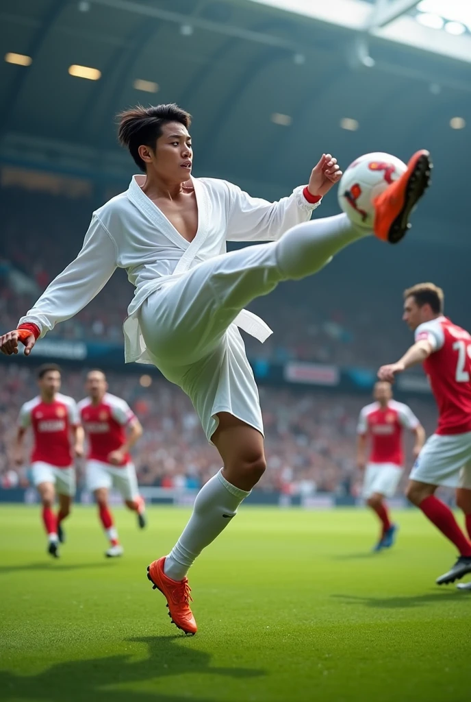 karateka scoring a bicycle kick in football 