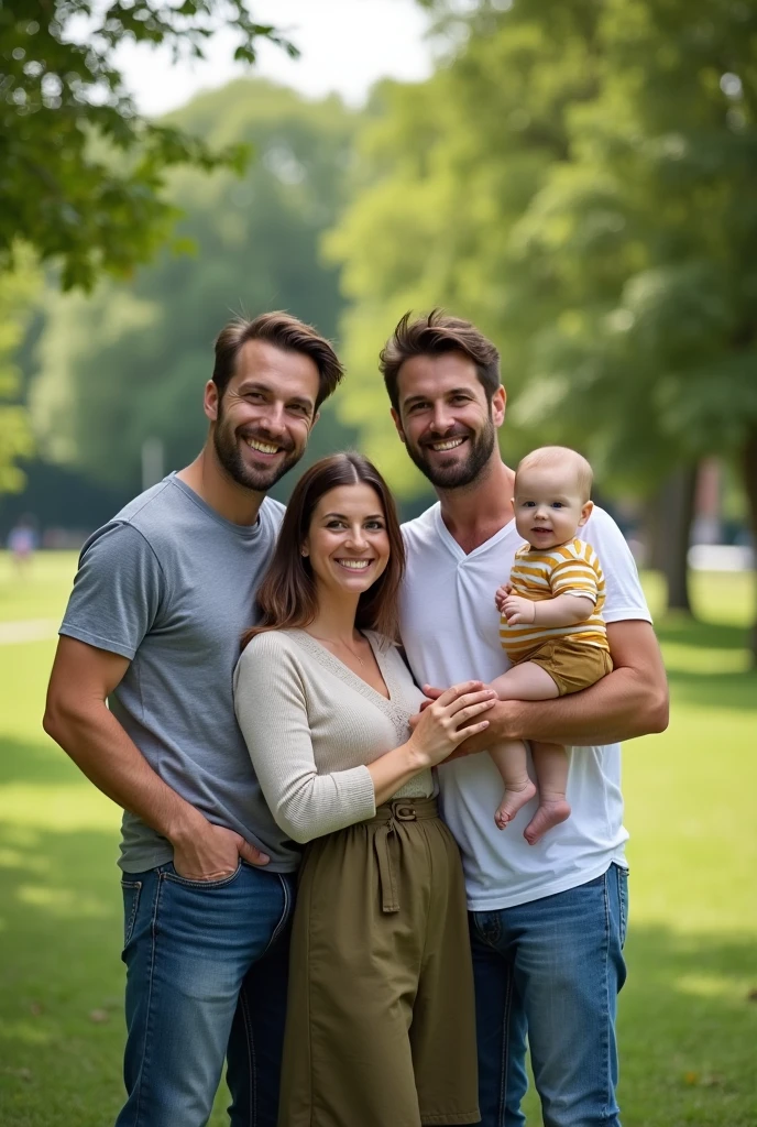 Jhon, who is a 27-year-old man with brown hair and dark eyes, goes to the park with Andrea, Tomas, your baby paul, He feels very happy so he decides to save this moment, He asks a short man of about 40 years old with brown hair who was walking in the park to take a photo. The man is taking a photo while the family smiles at the camera.