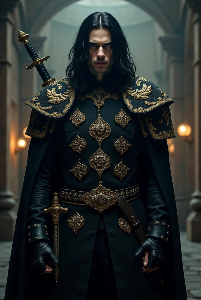A portrait of a tall, imposing man with white pale skin and finely chiseled, angular features. His long, straight black hair falls elegantly over his shoulders, silky and glossy. He has dark, piercing eyes that exude a cold, calculating presence, framed by defined eyebrows. He wears ostentatious black clothing, intricately detailed with golden embroidery in ornate Orite patterns. He carries a pair of finely ornamented, high-quality daggers at his side, and a matching large claymore strapped to his back. His demeanor is serious and intimidating, with a quiet and commanding presence that suggests both determination and egoism. The background is a dimly lit, ancient fortress, with shadows highlighting his formidable stature.