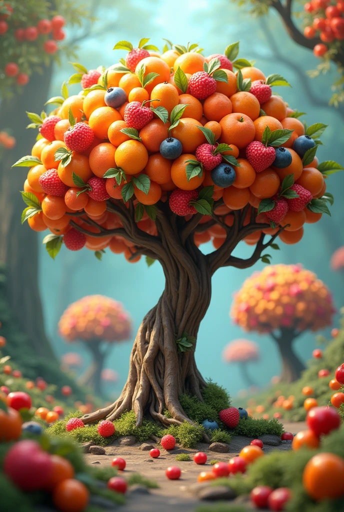 Trees that bear sweet, multi-colored fruit and are Disney-like without faces 