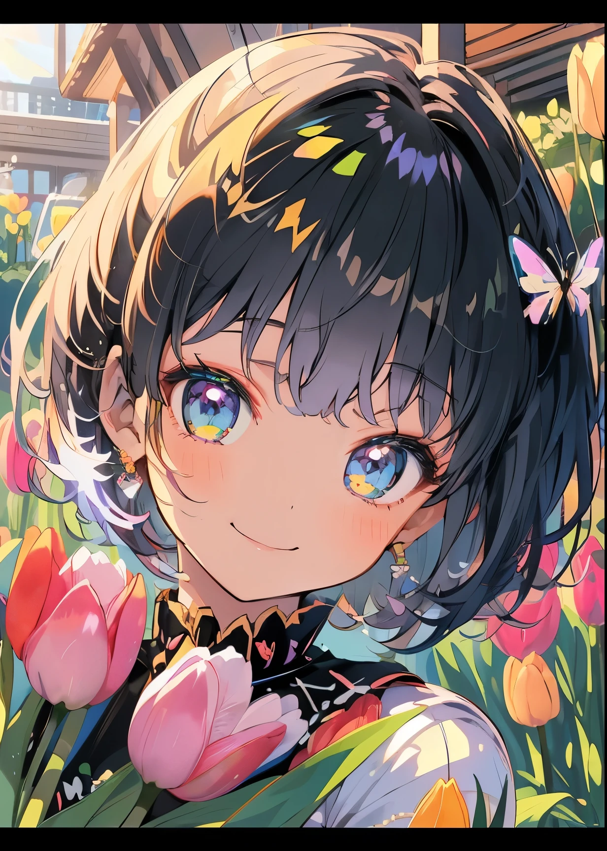Masterpiece、smile、Anime Girls、Black Hair、Short Hair、Cute Anime Girls、smile、((Tulips))、Lots of Tulips、fractal art、Gwaiz、Pool、garden、Flower garden、butterfly
