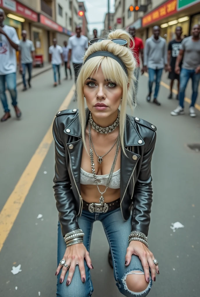 Anglosaxon old milf woman, , blonde platinum hair (beehive bun, black parsley headband), with very light green eyes, extremely pale. Wearing oversized square black maxisunglasses Wearing studded cropped black moto jacket (verical zippers on the sides). Black lace push up bra, dark blueskinny, tight low rise jeans (holes in knees). Silver Chelsea boots with cuban heels. Lots of thick wide studded bracelets, chain collars and big rings. Tacky wide studded leather belt, with big skull and bones round buckle. Long earrings with chains. Squatting on a large ragged, dirty usa flag, looking at the photographer. Craving heavily. Hands on knees. Waste and trash all over the floor. Her studded leather bag, thron away. Looking at the camera, chin up. Toned abdominals, thin neck, slim legs and thin arms. Neck, chest, belly, hands and arms completely tattoed. Street of Nairobi, crowded with muscular shirtless men in jeans, street full of puddles and garbage. Her studded black leather bag is a few metres behind her
