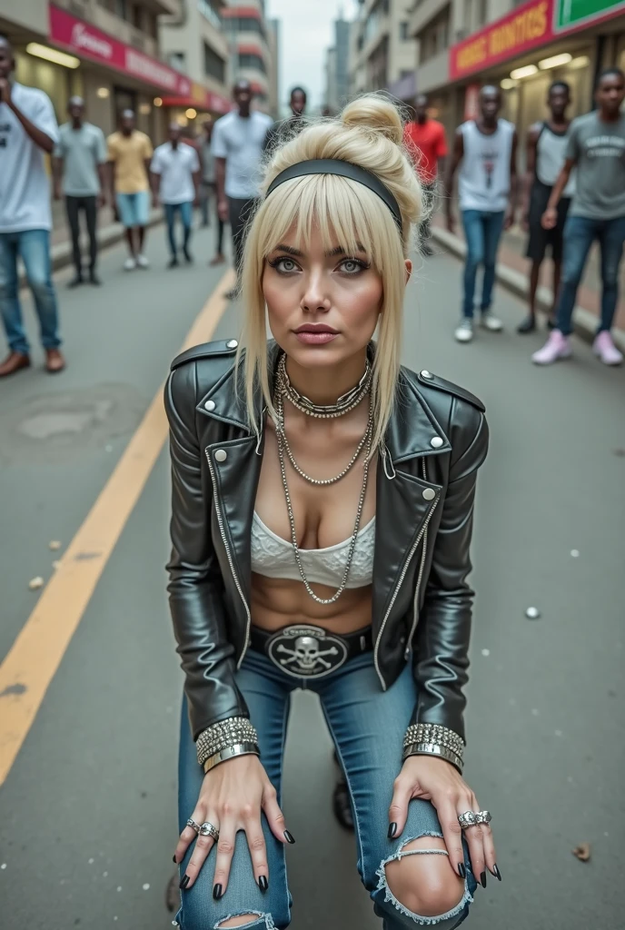 Anglosaxon old milf woman, , blonde platinum hair (beehive bun, black parsley headband), with very light green eyes, extremely pale. Wearing oversized square black maxisunglasses Wearing studded cropped black moto jacket (verical zippers on the sides). Black lace push up bra, dark blueskinny, tight low rise jeans (holes in knees). Silver Chelsea boots with cuban heels. Lots of thick wide studded bracelets, chain collars and big rings. Tacky wide studded leather belt, with big skull and bones round buckle. Long earrings with chains. Squatting on a large ragged, dirty usa flag, looking at the photographer. Craving heavily. Hands on knees. Waste and trash all over the floor. Her studded leather bag, thron away. Looking at the camera, chin up. Toned abdominals, thin neck, slim legs and thin arms. Neck, chest, belly, hands and arms completely tattoed. Street of Nairobi, crowded with muscular shirtless men in jeans, street full of puddles and garbage. Her studded black leather bag is a few metres behind her