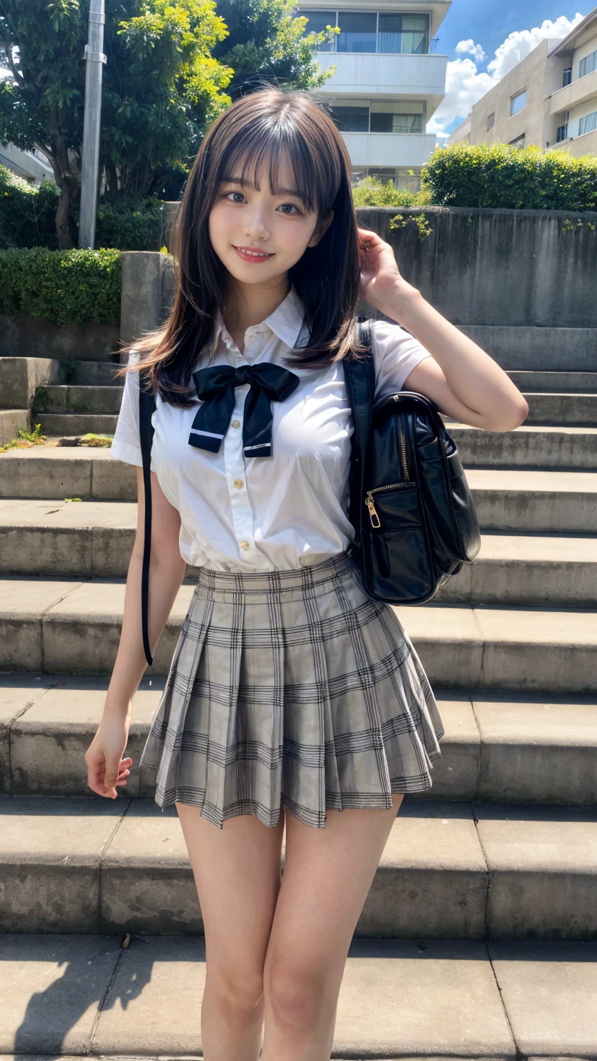 ((masterpiece)),(((Highest quality))),Thin thighs,Long legs,An 18-year-old high school girl standing on the school steps,White shirt,Blue and white plaid mini skirt:1.5,The best smile,Short bob with side waves:1.5,Carrying a black backpack,wear black loafers,Facing the front and spreading legs:1.5,large breasts, bangs, perfect body shape