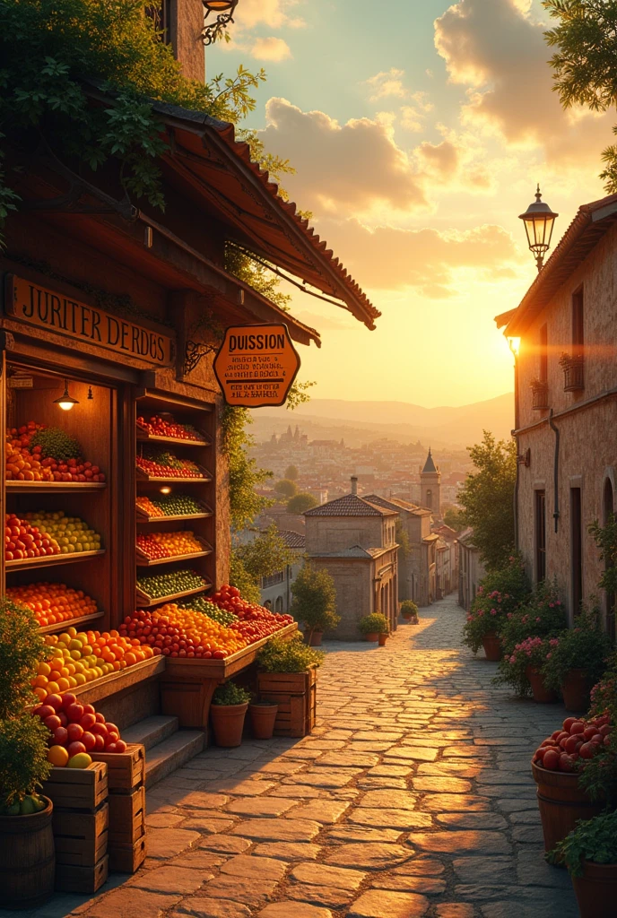 vintage photograph,fruit shop, sunset townscape