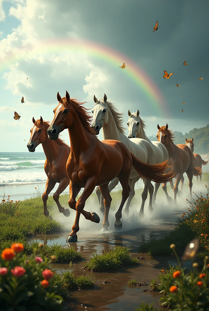 Beautiful wild horses riding on the seashore, playa, beautiful meadow, vegetation humidity after rain, multicolored flowers, butterflies, birds, Rainbow between clouds and the sea, , Hyperrealism, 8k, High resolution, masterpiece: 1.2), ultra detailed, (realist, hiperrealist: 1.37), portrait