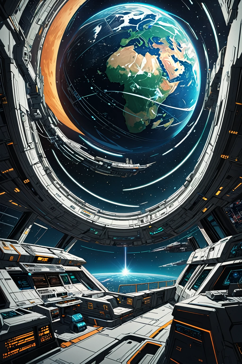 spaceship, intergalactic, approaching earth, dystopian, modern look, cyberspace, science fiction, 8k, Anime style, based on 90s anime