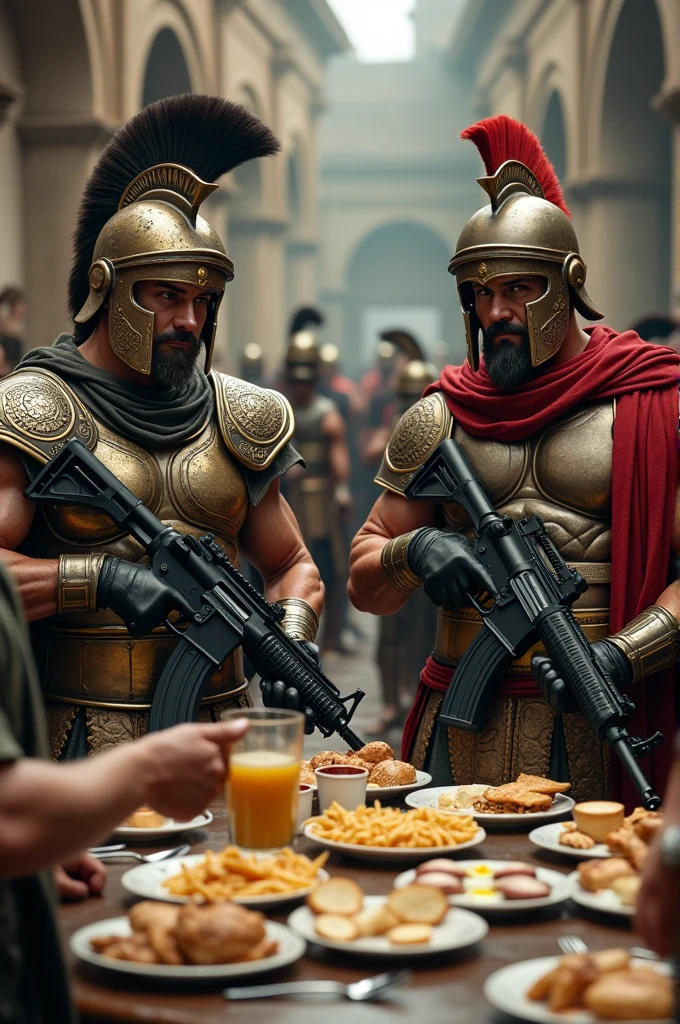 create gun-wielding soldiers having breakfast with roman gladiators
