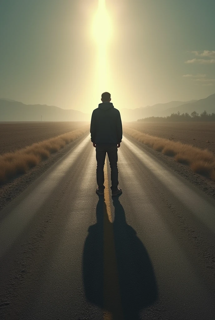 The image must depict a man with his back turned at a crossroads on a deserted road, where there are two distinct paths in front of him, one going left and the other going right. One path should be lit while the other path should be darker.. The person must be still, apparently in doubt about which path to take.
