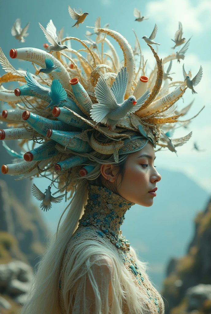 A headdress made with wind with birds. Made with cardboard and plastic bottles