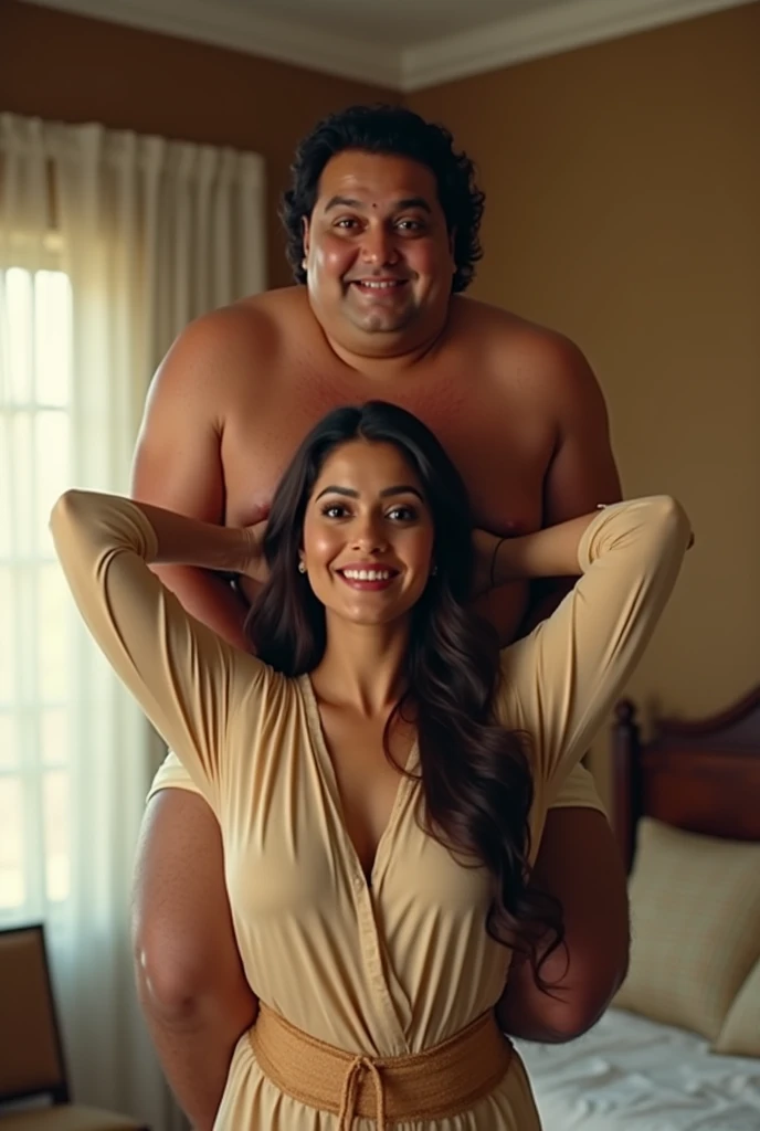 Beautiful and Slim Indian woman Aishwarya Rai in hot blouse lifting a large chubby fat man above her shoulders, man is sitting on woman's shoulder, in a bedroom, natural smile, woman is looking into the camera , her hands are on her waist, full image
