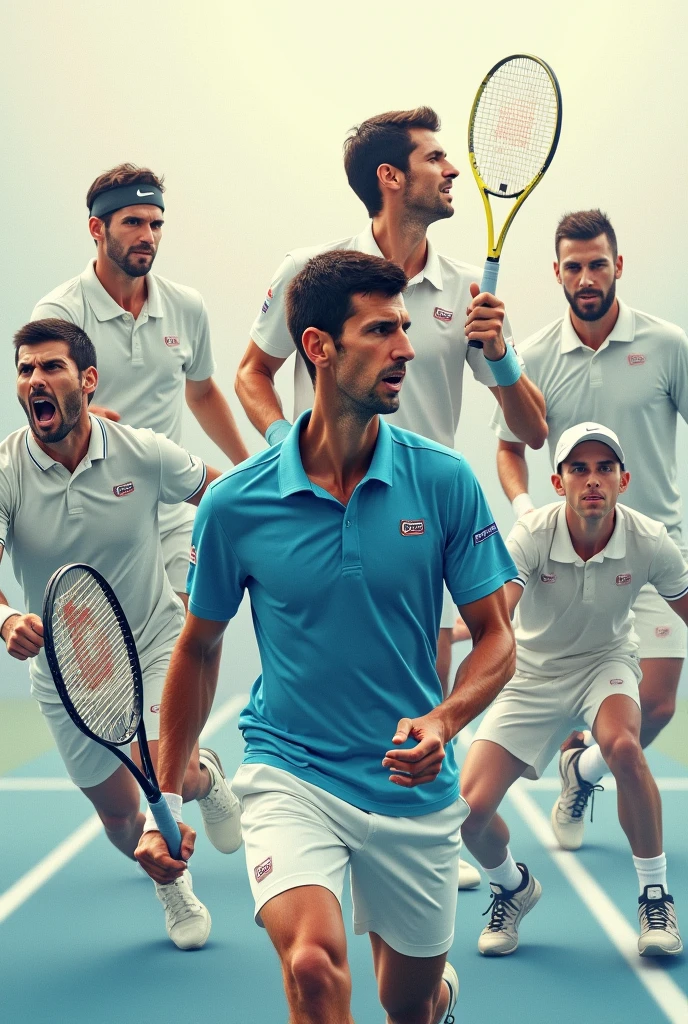 Aesthetic image of Novak Djokovic alongside other prominent male tennis players, how Nadal, Sinner, Alcaraz, Rublev. In the background a tennis court, and soft colors. Let the players come out in full body playing a match. And put the phrase of Novak Djokovic: “The winner is the one who believes in victory more”. Let Novak star in the image.
