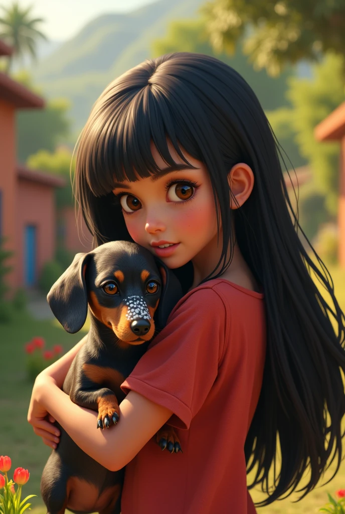 from this platform: "There is a small dachshund dog with lots of white spots around his face and a teenage girl hugging him with straight black hair and brunette in Ecuador