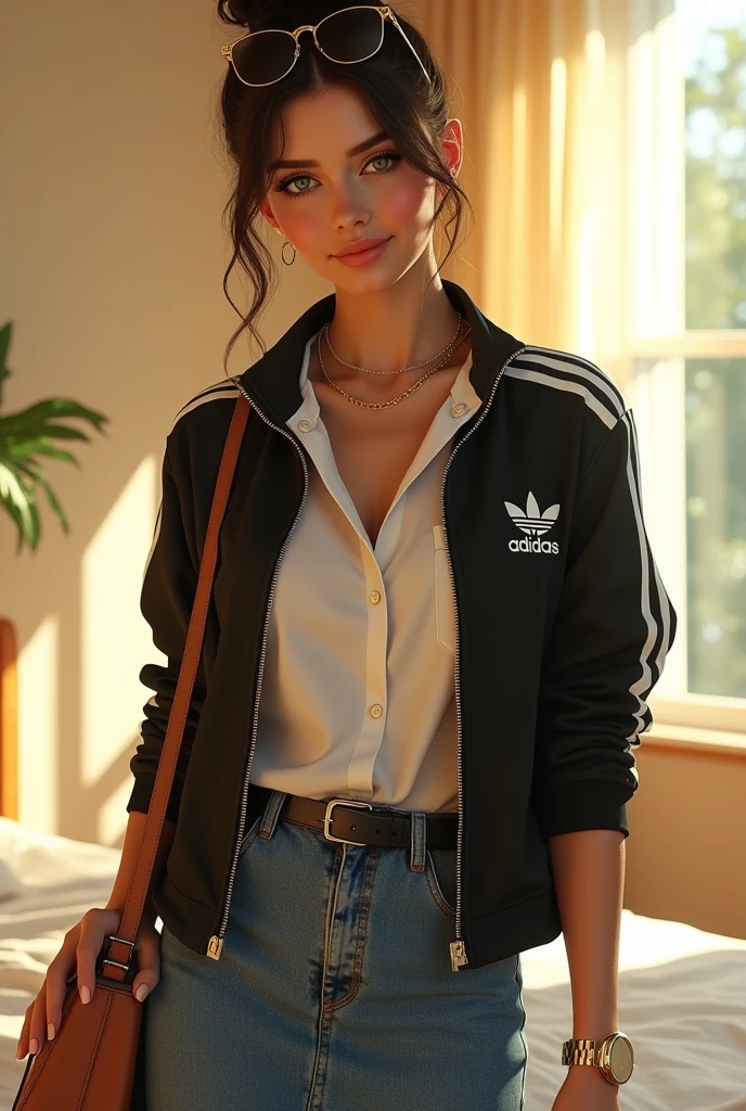Beautiful white skin latin woman, 5'7" tall, top bun medium brown hair, deep green eyes, putting on black zipped up adidas tracksuit jacket, rolled up sleeves, wearing open white formal button down blouse belted wide denim maxi skirt, happy smile, on the bedroom, high hill sandals, summer sunny day, bag, sun glasses over head, watch and bracelet, neck chain, full body