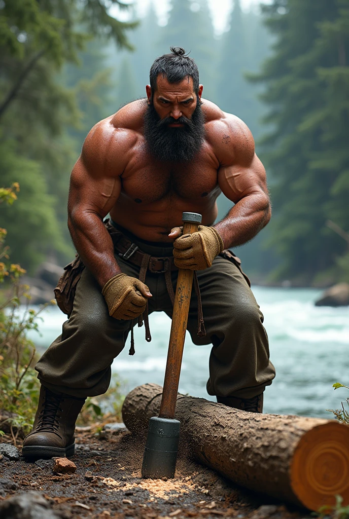 A real strong bearded lumberjack man in pants and shirtless holding a sledgehammer cutting a log on the riverbank
