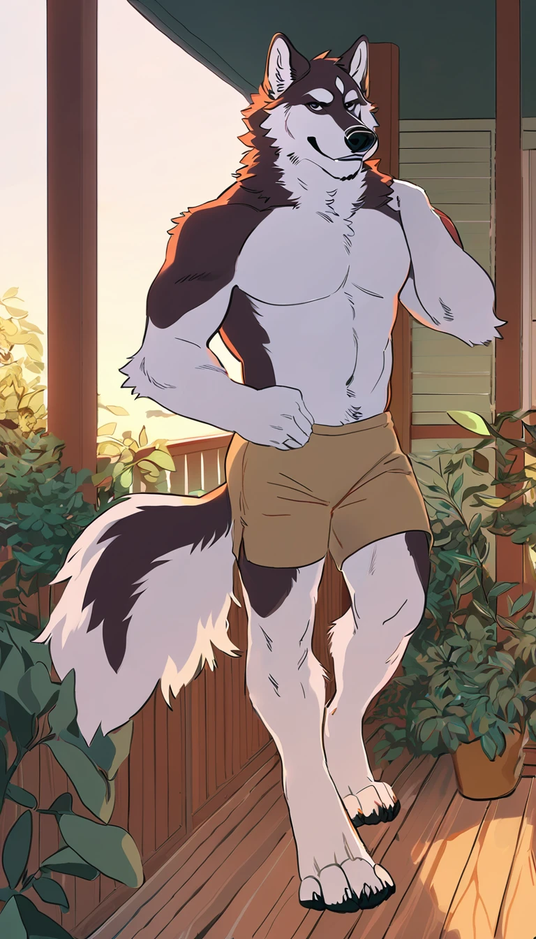 solo, male, anthro (striped husky), by tritscrits, (by botch:0.7), digitigrade, digital artwork, (flat colors:1.3), striped brown husky tail, mature male, sexy, ((detailed background)), athletic, white fur, looking at camera,