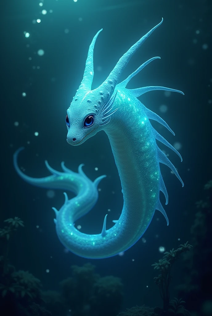  A luminescent sea dragon swims gracefully in deep, dark waters. Its elongated, serpentine body is covered in scales that glow in shades of blue and green, creating a soft illumination effect. Its large, deep blue eyes emit an ethereal glow. Long, slender tentacles move gracefully around it, producing luminous waves that light up the dark waters. The environment is mysterious and magical, with a sense of tranquility and underwater wonder.
