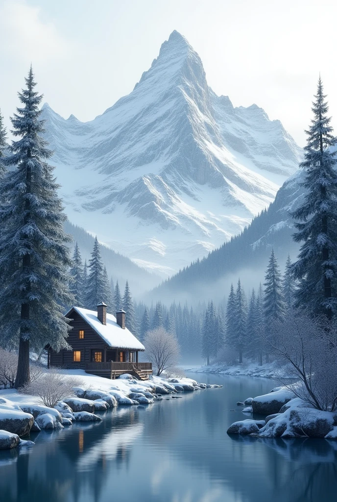 landscape with snow mountains in the back a lake in the middle , forest, house
