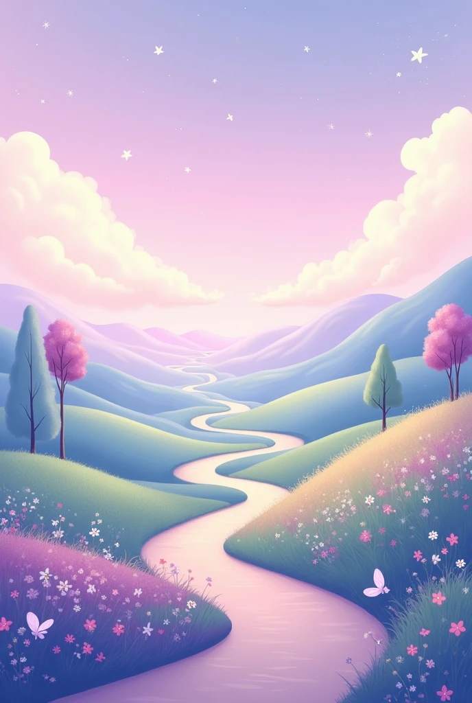 Pastel color palette, with soft purple, rosa, blue and green. The overall feeling should be one of calm and serenity., with a touch of dream. The transition of colors should be smooth and harmonious., as on the cover. - The landscape of gentle, rolling hills continues, that extend beyond the horizon, giving the feeling of a continuous journey. - The hills can be decorated with small wild flowers of different types, similar to those seen on the cover. - Slender and elegant trees can be repeated, some in the distance, blurred to give a sense of depth. - The path that appears on the cover can continue on the back, meandering towards the horizon, suggesting that the journey continues. You can play with perspective, making the path thinner or wider, depending on the effect you want to achieve. - In the sky, you can add small, shiny stars that shine slightly, maintaining the magical and ethereal atmosphere. A few soft clouds may float in the sky, adding texture and a touch of dynamism. - Consider adding more butterflies or petals floating gently in the air, which will help maintain the feeling of movement and life. - A few points of light or sparkles can also give it an additional touch of fantasy.. The back should evoke a sense of continuity, hope and peace, perfectly aligning with the theme of the emotional booklet. The illustration should invite the reader to feel welcomed and supported., Let it be cartoonish, Make it look animated, illustrated, Make it lively, and pastel colors are used