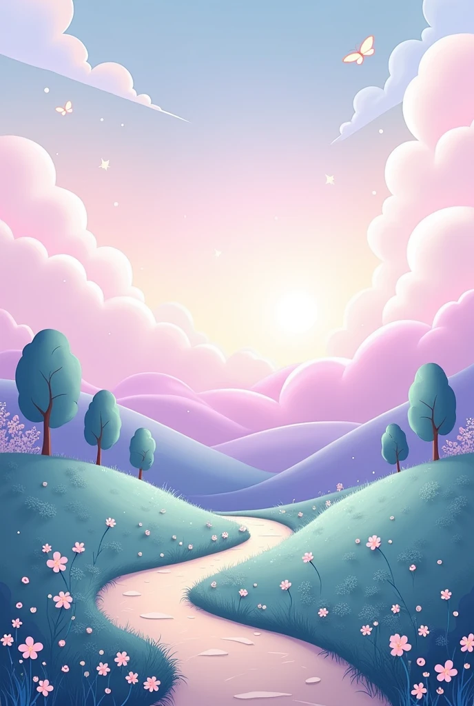 Pastel color palette, with soft purple, rosa, blue and green. The overall feeling should be one of calm and serenity., with a touch of dream. The transition of colors should be smooth and harmonious., as on the cover. - The landscape of gentle, rolling hills continues, that extend beyond the horizon, giving the feeling of a continuous journey. - The hills can be decorated with small wild flowers of different types, similar to those seen on the cover. - Slender and elegant trees can be repeated, some in the distance, blurred to give a sense of depth. - The path that appears on the cover can continue on the back, meandering towards the horizon, suggesting that the journey continues. You can play with perspective, making the path thinner or wider, depending on the effect you want to achieve. - In the sky, you can add small, shiny stars that shine slightly, maintaining the magical and ethereal atmosphere. A few soft clouds may float in the sky, adding texture and a touch of dynamism. - Consider adding more butterflies or petals floating gently in the air, which will help maintain the feeling of movement and life. - A few points of light or sparkles can also give it an additional touch of fantasy.. The back should evoke a sense of continuity, hope and peace, perfectly aligning with the theme of the emotional booklet. The illustration should invite the reader to feel welcomed and supported., Let it be cartoonish, Make it look animated, illustrated, Make it lively, and pastel colors are used