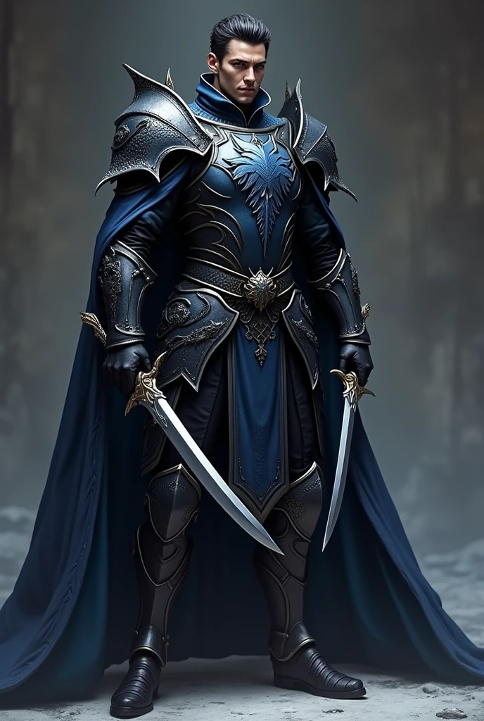 Create a king with a crown, age 28, With a thin body, with black and blue leather armor with a wolf printed on it. short black hair, . holding a dagger in each hand.