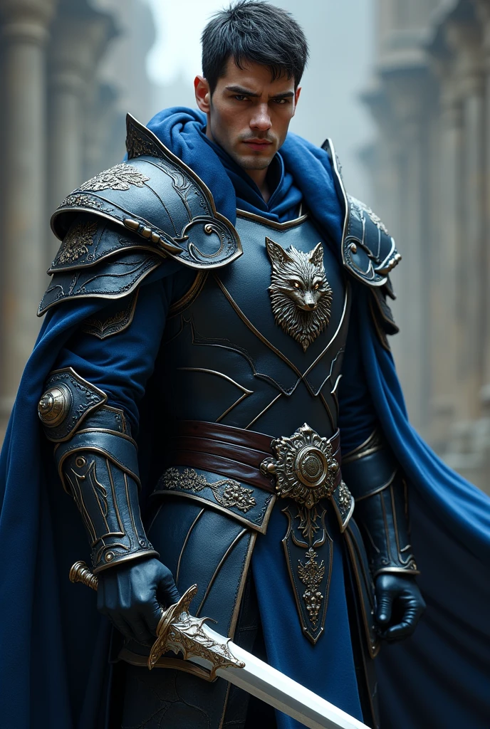 Create a king with a crown, age 28, With a thin body, with black and blue leather armor with a wolf printed on it. short black hair, . holding a dagger in each hand.