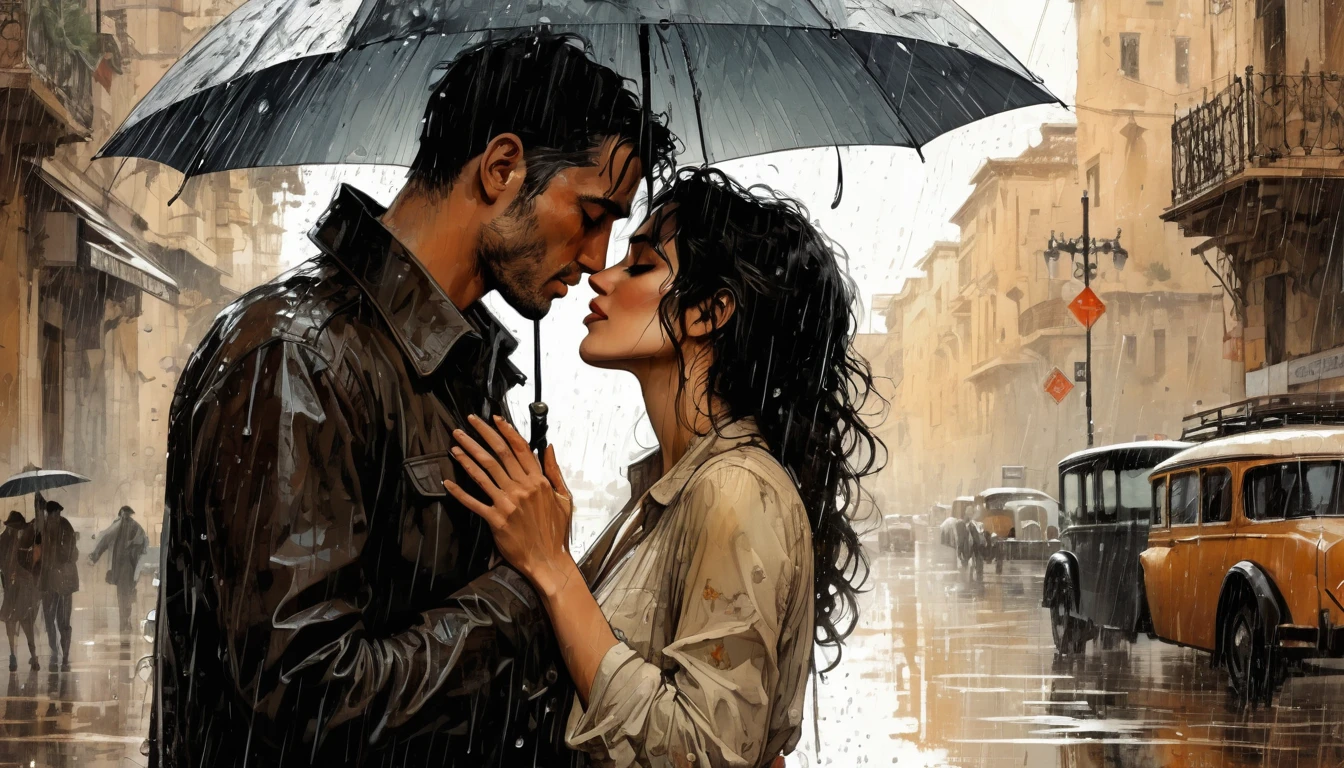 a digital wallpaper, I remember the time we were in love kissing, consistent character, muted colors, dramatic composition, nostalgic, digital painting, rainy, emotionally profound, leaving an indelible and haunting impression on psyche, unforgettable, very intricate, by Milo Manara and Russ Mills