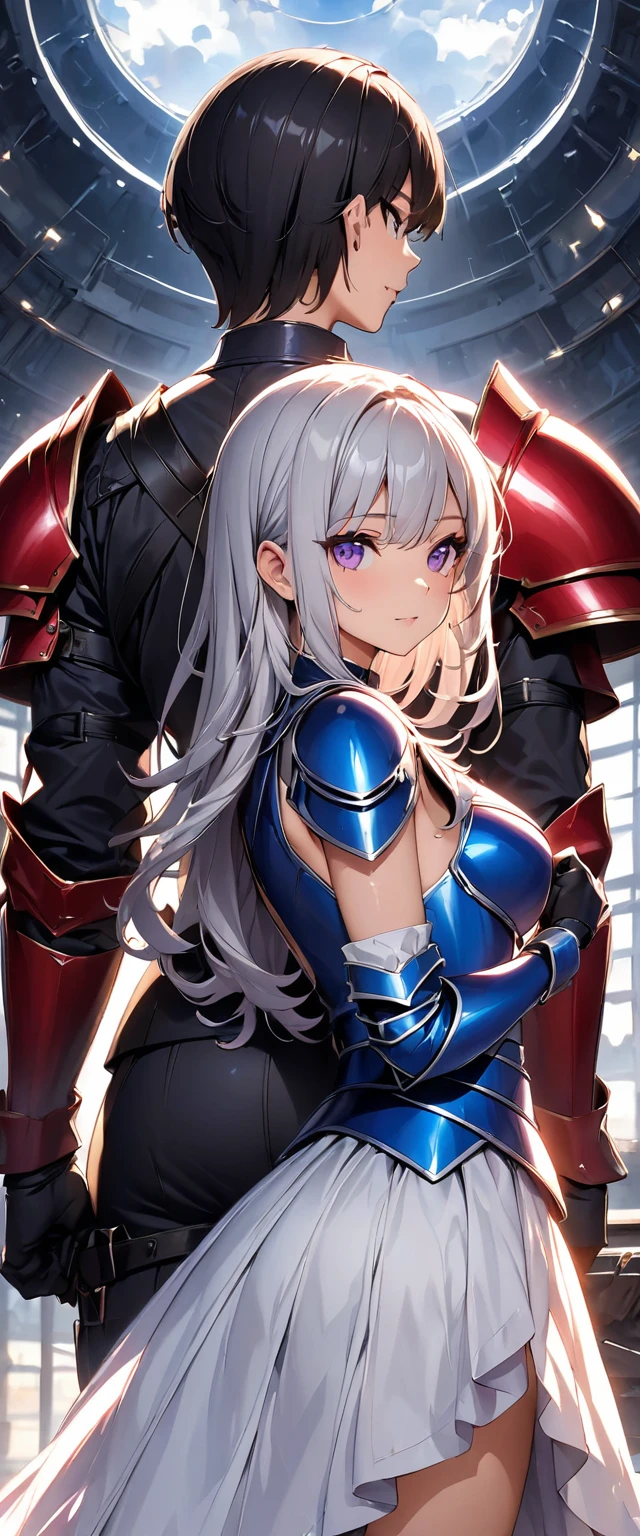 Please note, masterpiece、Highest quality、Ultra-high resolution、Maximum resolution、Very detailed、Professional Lighting、anime、Adult female、thin、so beautiful、Beautiful Face、Dress in Armor、two female knights、Wearing blue armor、A woman with blue eyes and silver hair、Wearing red armor、Woman with purple eyes and black hair.、Standing back to back、Holding a sword